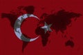 Blockchain world map on the background of the flag of Turkey and cracks. Turkey cryptocurrency concept