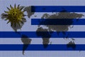 Blockchain world map on the background of the flag of Uruguay and cracks. Uruguay cryptocurrency concept