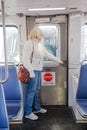 blocked door for the passage of passengers in the subway car. The door between the cars in the subway