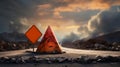 blocked road a traffic cone and a sign, danger and challenge road under a stormy sky Royalty Free Stock Photo