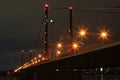 Blocked Theodor-Heuss Bridge in DÃÂ¼sseldorf at night with a lift truck for structural analysis Royalty Free Stock Photo