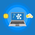 Blockhain scheme, mining crypto currency, server room, powered computers, data processing, money transaction in internet vector