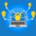 Blockhain scheme, mining crypto currency, server room, powered computers, data processing, money transaction in internet vector