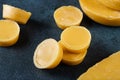 Blocks of beeswax for candle making. Raw beeswax. Handmade candle production Royalty Free Stock Photo