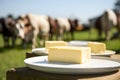 Blocks of butter on plates with cows on meadow in blurry background