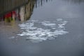 Blocks of ice floating in the Spree river in Berlin MItte