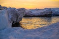 Blocks of ice on the seashore at sunset Royalty Free Stock Photo