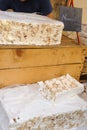 Blocks of Nougat are for sale at a Market in Sault, France. Royalty Free Stock Photo