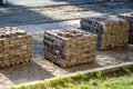 Blocks with paving slabs. Pavement repair and laying. Pile of paving stones for pavement repair Royalty Free Stock Photo