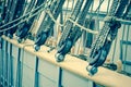 Blocks and rigging of an old sailboat, close-up Royalty Free Stock Photo