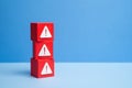 Blocks with warning signs. Danger signs. Errors and software bugs. Technological problems Royalty Free Stock Photo
