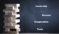 Blocks wood game with text business copy space, The tower from wooden blocks from the top view, Jenga, Businessman manage his stra Royalty Free Stock Photo