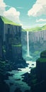 Blocky Canyon And Waterfall Artwork In The Style Of Atey Ghailan