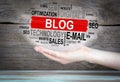 Blog concept. Word cloud in female hand Royalty Free Stock Photo