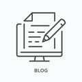 Blog content flat line icon. Vector outline illustration of computer with article and pencil. Copywriter thin linear