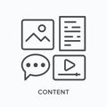 Blog content types flat line icon. Vector outline illustration of image, text, video, comment. Social media marketing