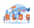 Blog Creative Content Production Workflow Process Poster. Happy Friendly Smiling Men Making Word Composition.