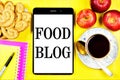 Blog about food-text inscription on the tablet screen, development of solutions for creative design of an Internet site or blog. A