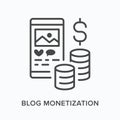 Blog monetization flat line icon. Vector outline illustration of smartphone screen with money. Social media marketing Royalty Free Stock Photo