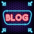 Blog Neon Sign Vector. Neon script. Night advensing.