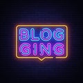 Blog Neon Text Vector. Blogging neon sign, design template, modern trend design, night signboard, night bright