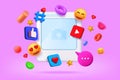 Blog post. Blank photo frame. Hearts and happy smileys. Mobile screen. Comments in social media. Digital like and follow