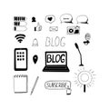 Blog set icon. hand drawn doodle style. , minimalism, monochrome, sketch. laptop, smartphone, notepad, microphone, camera, button