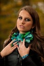 Blog style pretty young woman on a walk in forest on late autumn Royalty Free Stock Photo