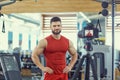 Blogger athlete bodybuilder makes a video in the gym