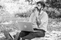 Blogger becoming inspired by nature. Man bearded with laptop nature background. Blogger create content for social