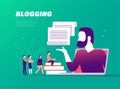 Blogger concept with tiny people, laptop and social media review and feedback icons.