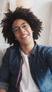 Blogger face happy selfie smiling guy curly hair