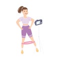 Blogger Girl Doing Fitness Workout and Recording Video with Camera on Tripod, Woman Doing Sport Exercise with Fitness