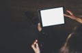 Blogger girl person holding computer with blank screen on background bokeh, hipster girl using tablet technology in home Royalty Free Stock Photo