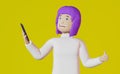 Blogger girl purple hair video call talk smartphone thumb up yellow background 3d rendering Mobile phone Social media