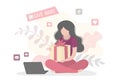 Blogger holding gift box. Woman vlogger gives presents between her followers. Giveaway event or contest