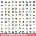 100 blogger interview icons set, color line style