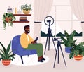 Blogger interview live streaming. Video blogger man character. Online podcast record studio. Social media network