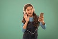 Blogger lifestyle. Video call. Small girl child with smartphone. Small girl using mobile phone. Child learning new Royalty Free Stock Photo