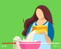 Blogger making video cooking meal on online player. Woman cook preparing food in kitchen streaming. Homemade bakery live