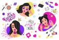 Blogger post. Cartoon beauty blog banner. Girls using decorative cosmetic products. Women recording videos with makeup