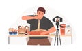 Blogger recording Mukbang video for entertainment vlog, eating asian food in front of camera. Vlogger creating content Royalty Free Stock Photo