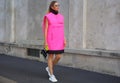 MILAN, Italy: September 20, 2018:Fashionable woman streetstyle outfit