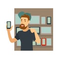 Blogger or vlogger man vector character for smart phone technology blog or video vlog