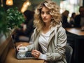 Blogger working at trendy cafe coffee in hand