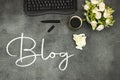 Blogging, blog concepts ideas with laptop keyboard and cup of coffee, flowers vase Royalty Free Stock Photo