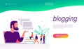 Blogger channel concept with tiny people, laptop and social media review and feedback icons.