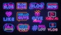Blogging collection neon signs vector. Social networks design template concept. Blog Neon banner background design