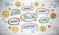 Blogging concept with hand drawn words and social media icons at light brick wall background