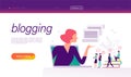 Blogging concept with tiny people, laptop and social media review and feedback icons. Landing page design template, web interface,